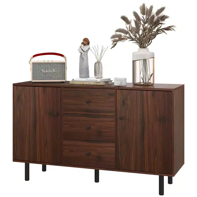 Bahut de Rangement, Meuble Bas avec 2 Placards, 3 Tiroirs et Étagères Réglables, Table de Buffet pour Salon, Entrée, Marron Rustique