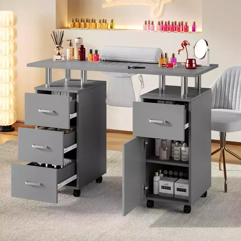 Bureau de poste d'ongle avec collecteur de poussière électrique, 4 tiroirs, armoire de rangement, repose-poignet et roulettes verrouillables, table de manucure pour salon et maison
