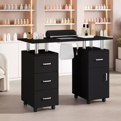 COZONY Nail Station Desk with Electric Dust Collector, 4 Drawers, Storage Cabinet, Wrist Rest & Lockable Wheels, Manicure Table for Salon and Home