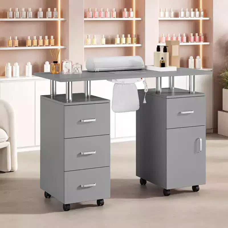 Bureau de poste d'ongle avec collecteur de poussière électrique, 4 tiroirs, armoire de rangement, repose-poignet et roulettes verrouillables, table de manucure pour salon et maison