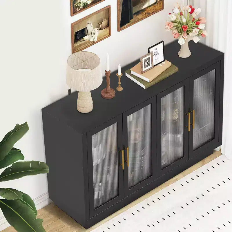 4 portes en verre canneléGrand meuble en bois avec meuble de rangement moderne pour le salon, la salle à manger,