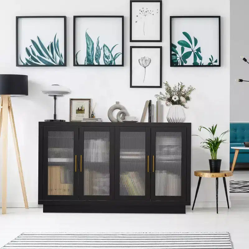4 portes en verre canneléGrand meuble en bois avec meuble de rangement moderne pour le salon, la salle à manger,