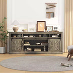 Meuble TV de style rustique pour téléviseur de 75 pouces, meuble de divertissement avec rangement semi-ouvert et portes de grange, console TV avec étagère réglable
