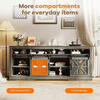 Meuble TV de style rustique pour téléviseur de 75 pouces, meuble de divertissement avec rangement semi-ouvert et portes de grange, console TV avec étagère réglable