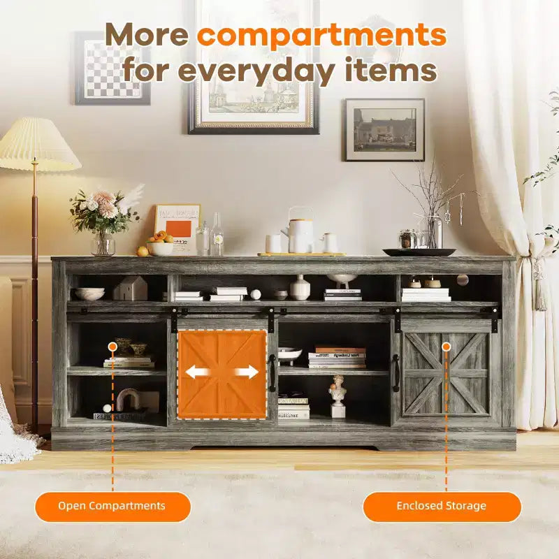 Meuble TV de style rustique pour téléviseur de 75 pouces, meuble de divertissement avec rangement semi-ouvert et portes de grange, console TV avec étagère réglable