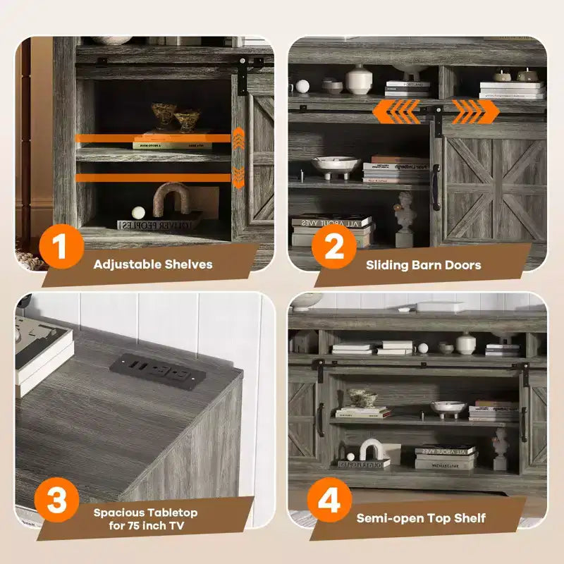 Meuble TV de style rustique pour téléviseur de 75 pouces, meuble de divertissement avec rangement semi-ouvert et portes de grange, console TV avec étagère réglable