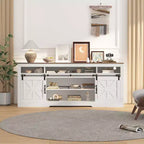 Meuble TV de style rustique pour téléviseur de 75 pouces, meuble de divertissement avec rangement semi-ouvert et portes de grange, console TV avec étagère réglable