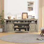 Meuble TV de style rustique pour téléviseur de 75 pouces, meuble de divertissement avec rangement semi-ouvert et portes de grange, console TV avec étagère réglable