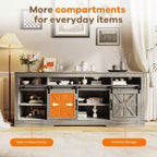 Meuble TV de style rustique pour téléviseur de 75 pouces, meuble de divertissement avec rangement semi-ouvert et portes de grange, console TV avec étagère réglable
