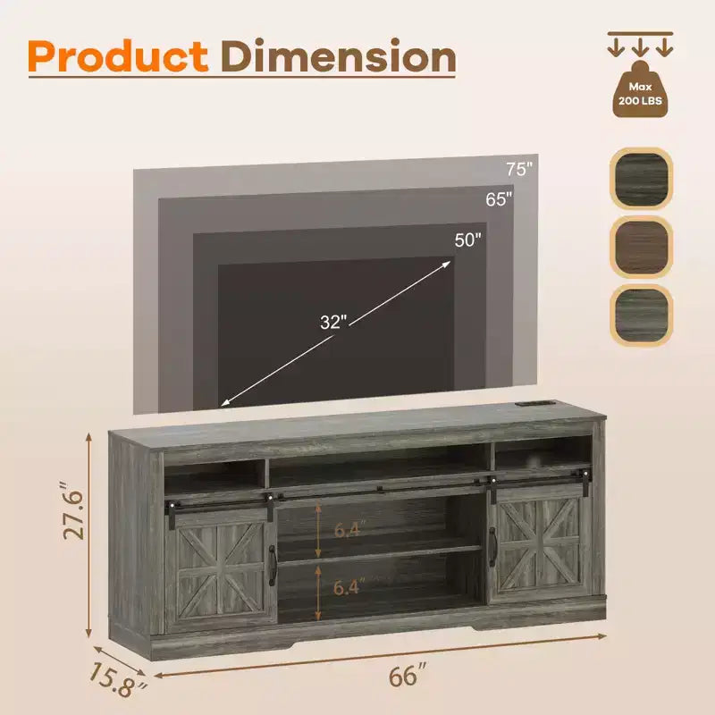 Meuble TV de style rustique pour téléviseur de 75 pouces, meuble de divertissement avec rangement semi-ouvert et portes de grange, console TV avec étagère réglable