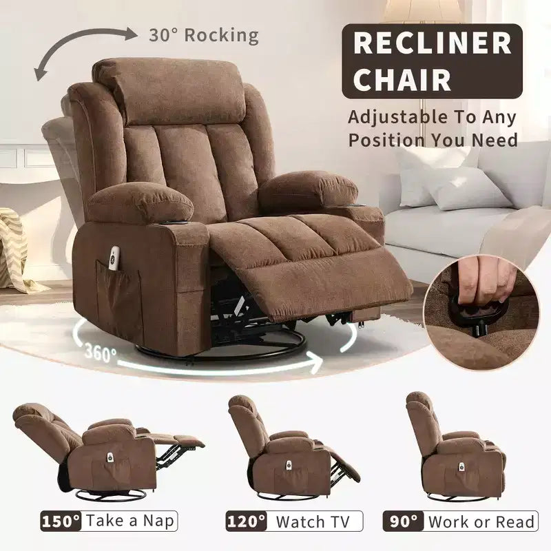 Fauteuil inclinable surdimensionné en tissu pivotant à 360° avec fonction chauffante et massante, large fauteuil inclinable paresseux pour adultes