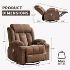 Fauteuil inclinable surdimensionné en tissu pivotant à 360° avec fonction chauffante et massante, large fauteuil inclinable paresseux pour adultes
