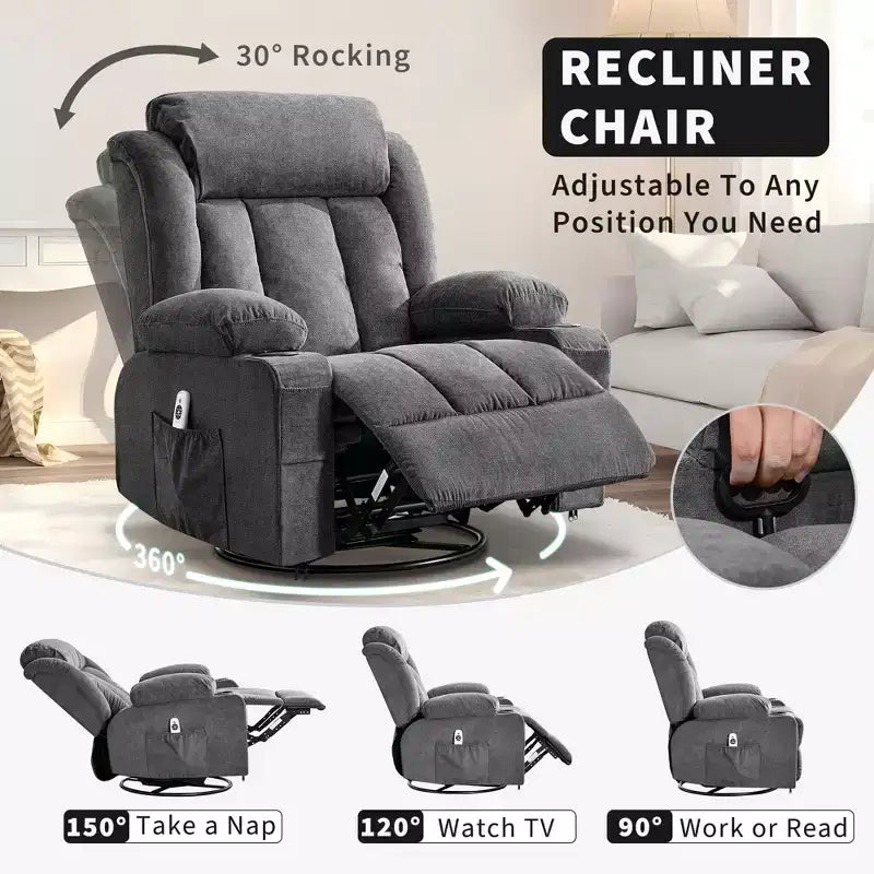 Fauteuil inclinable surdimensionné en tissu pivotant à 360° avec fonction chauffante et massante, large fauteuil inclinable paresseux pour adultes