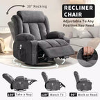 Fauteuil inclinable surdimensionné en tissu pivotant à 360° avec fonction chauffante et massante, large fauteuil inclinable paresseux pour adultes
