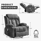 Fauteuil inclinable surdimensionné en tissu pivotant à 360° avec fonction chauffante et massante, large fauteuil inclinable paresseux pour adultes