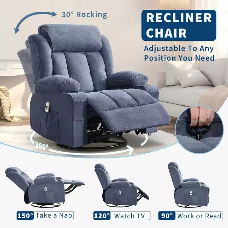 Fauteuil inclinable surdimensionné en tissu pivotant à 360° avec fonction chauffante et massante, large fauteuil inclinable paresseux pour adultes