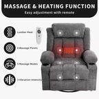 Fauteuil inclinable surdimensionné en tissu pivotant à 360° avec fonction chauffante et massante, large fauteuil inclinable paresseux pour adultes