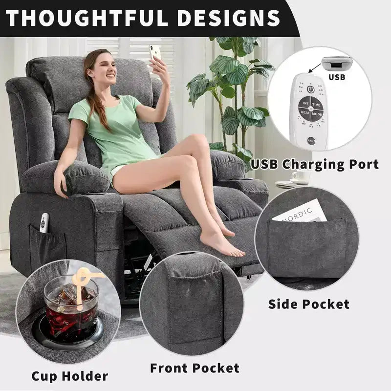 Fauteuil inclinable surdimensionné en tissu pivotant à 360° avec fonction chauffante et massante, large fauteuil inclinable paresseux pour adultes