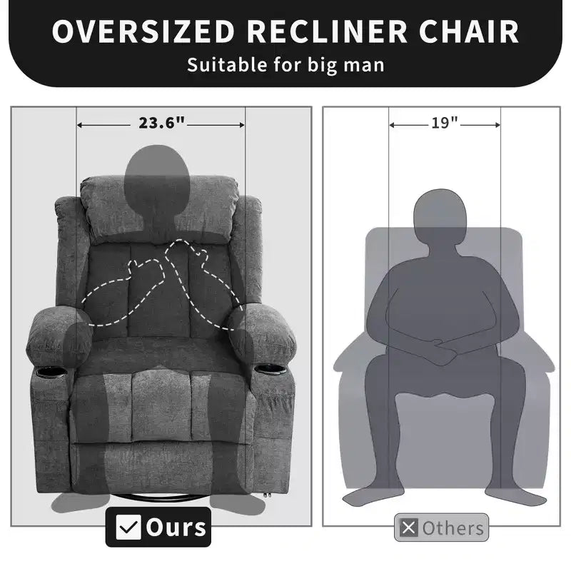 Fauteuil inclinable surdimensionné en tissu pivotant à 360° avec fonction chauffante et massante, large fauteuil inclinable paresseux pour adultes