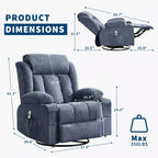 Fauteuil inclinable surdimensionné en tissu pivotant à 360° avec fonction chauffante et massante, large fauteuil inclinable paresseux pour adultes