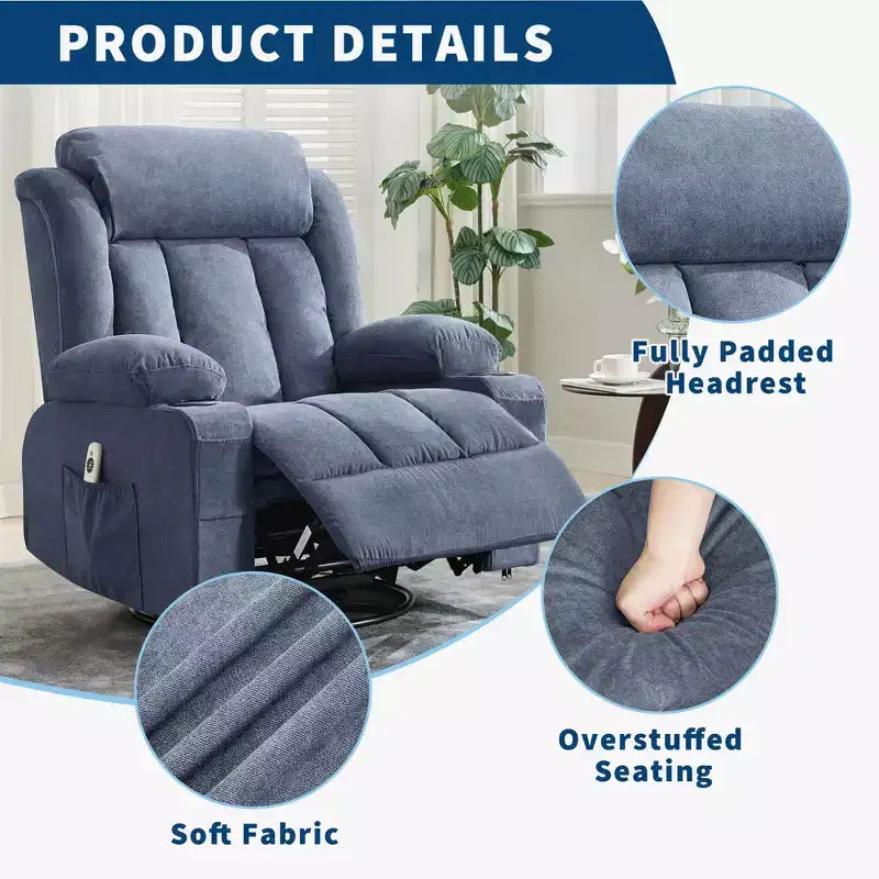 Fauteuil inclinable surdimensionné en tissu pivotant à 360° avec fonction chauffante et massante, large fauteuil inclinable paresseux pour adultes