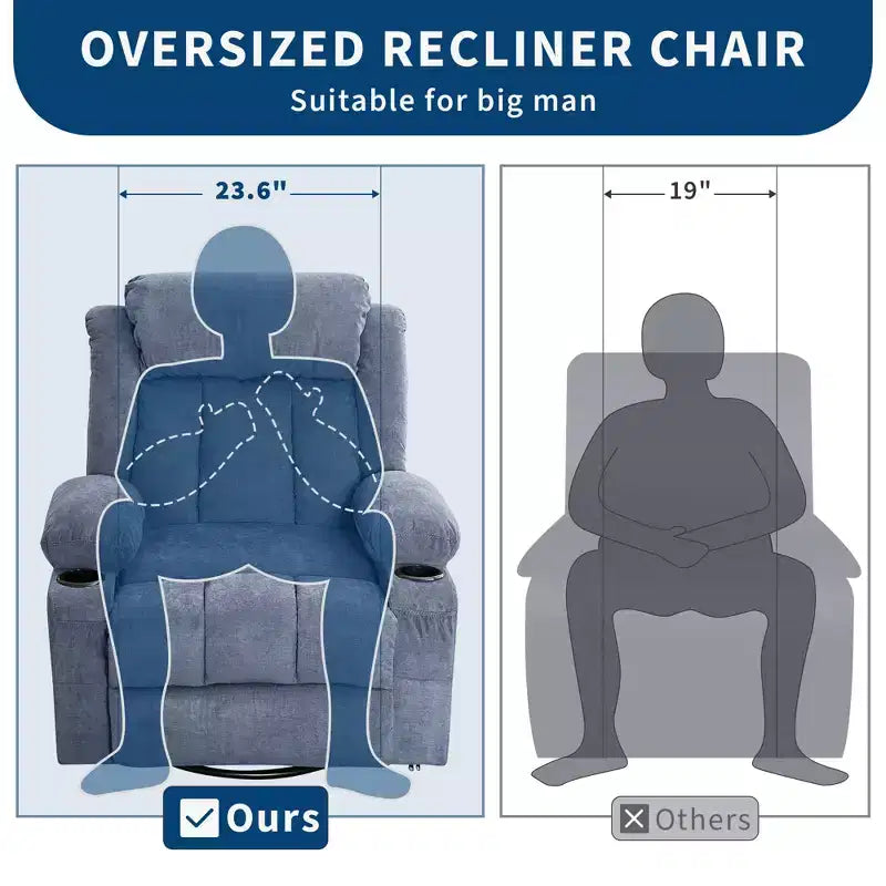 Fauteuil inclinable surdimensionné en tissu pivotant à 360° avec fonction chauffante et massante, large fauteuil inclinable paresseux pour adultes