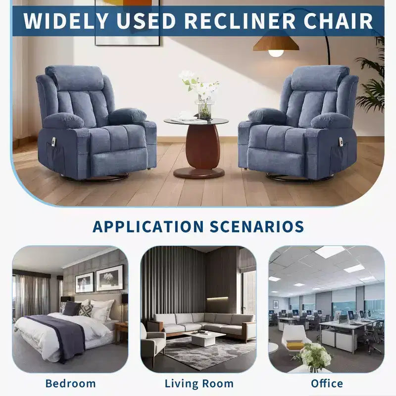 Fauteuil inclinable surdimensionné en tissu pivotant à 360° avec fonction chauffante et massante, large fauteuil inclinable paresseux pour adultes