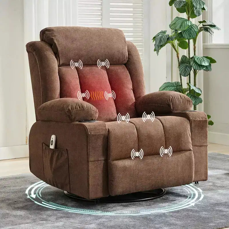 Fauteuil inclinable surdimensionné en tissu pivotant à 360° avec fonction chauffante et massante, large fauteuil inclinable paresseux pour adultes