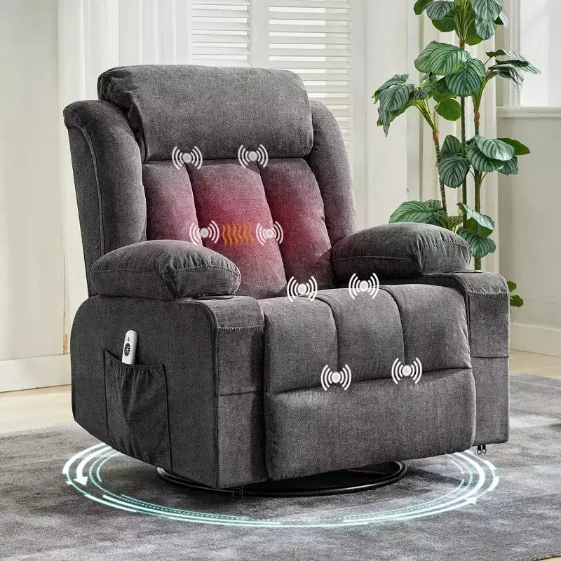 Fauteuil inclinable surdimensionné en tissu pivotant à 360° avec fonction chauffante et massante, large fauteuil inclinable paresseux pour adultes