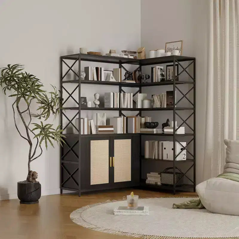 Étagère d'angle à 6 niveaux, Grande bibliothèque d'angle, Bibliothèque d'angle en forme de L vintage avec cadre en métal robuste et 2 armoires à portes en rotin pour bureau à domicile