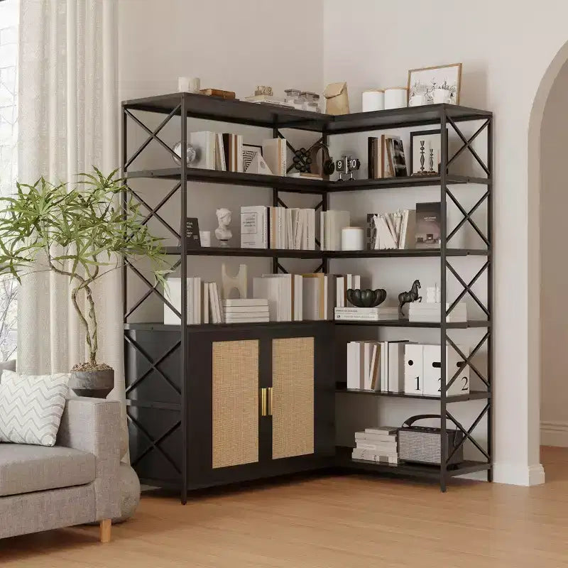 Étagère d'angle à 6 niveaux, Grande bibliothèque d'angle, Bibliothèque d'angle en forme de L vintage avec cadre en métal robuste et 2 armoires à portes en rotin pour bureau à domicile