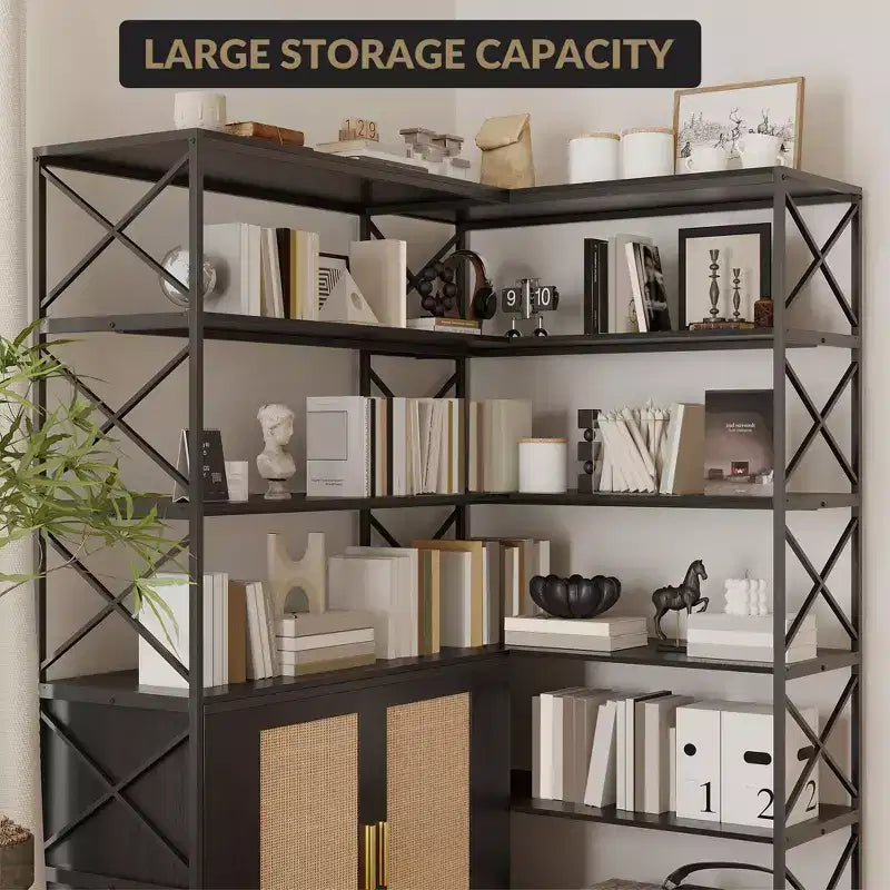 Étagère d'angle à 6 niveaux, Grande bibliothèque d'angle, Bibliothèque d'angle en forme de L vintage avec cadre en métal robuste et 2 armoires à portes en rotin pour bureau à domicile