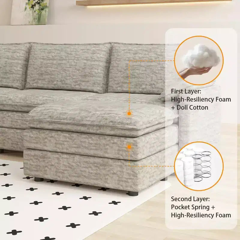 Canapé modulaire 108 XL, sectionnel moderne à assise profonde en chenille en forme de L pour 4 avec pouf amovible, canapé modulable polyvalent pour salon