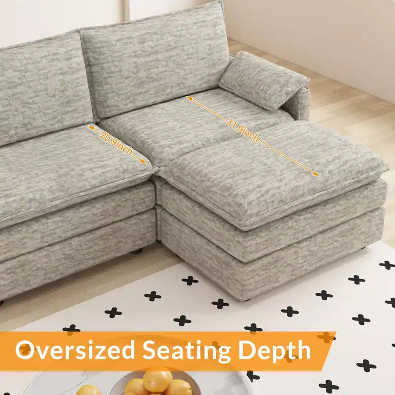 Canapé modulaire 108 XL, sectionnel moderne à assise profonde en chenille en forme de L pour 4 avec pouf amovible, canapé modulable polyvalent pour salon