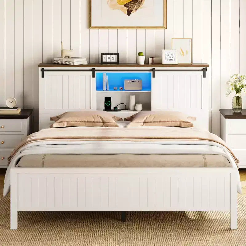 Bed Frame Upholstered with Storage, Metal Frame with Wood Lath Support, No Box Spring Needed, Easy Assembly