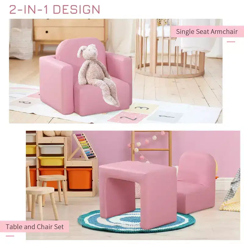 Canapé et chaise multifonctionnels 2-en-1 pour enfants, ensemble de table et chaise convertibles, cadeau pour garçons et filles de 3 ans - Rose