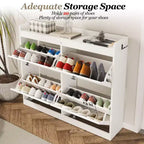 Grand meuble à chaussures avec 4 tiroirs basculants, crochets et espace de rangement – une solution de rangement de chaussures dissimulée pour les entrées, les couloirs et les salons.