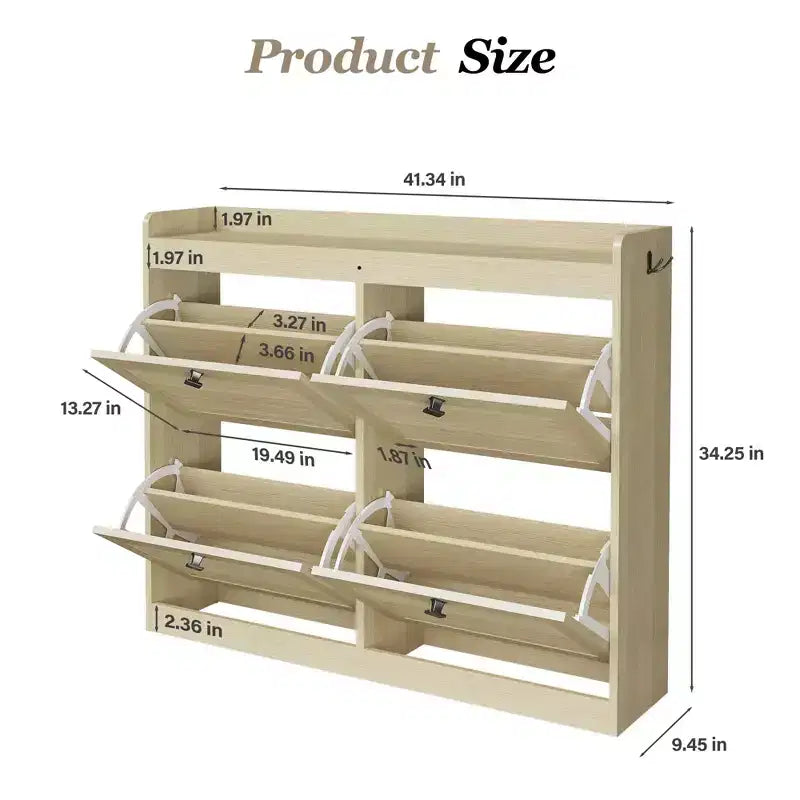 Grand meuble à chaussures avec 4 tiroirs basculants, crochets et espace de rangement – une solution de rangement de chaussures dissimulée pour les entrées, les couloirs et les salons.