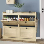 Grand meuble à chaussures avec 4 tiroirs basculants, crochets et espace de rangement – une solution de rangement de chaussures dissimulée pour les entrées, les couloirs et les salons.