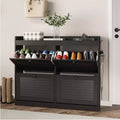 Large shoe cabinet with 4 flip-top drawers, hooks, and storage spacea hidden shoe storage solution for entryways, hallways, and living rooms.