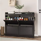 Large shoe cabinet with 4 flip-top drawers, hooks, and storage spacea hidden shoe storage solution for entryways, hallways, and living rooms.