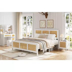 COZONY Rattan Full Bed Frame with Wicker Headboard, Boho Platform Metal Slats No Box Spring Needed
