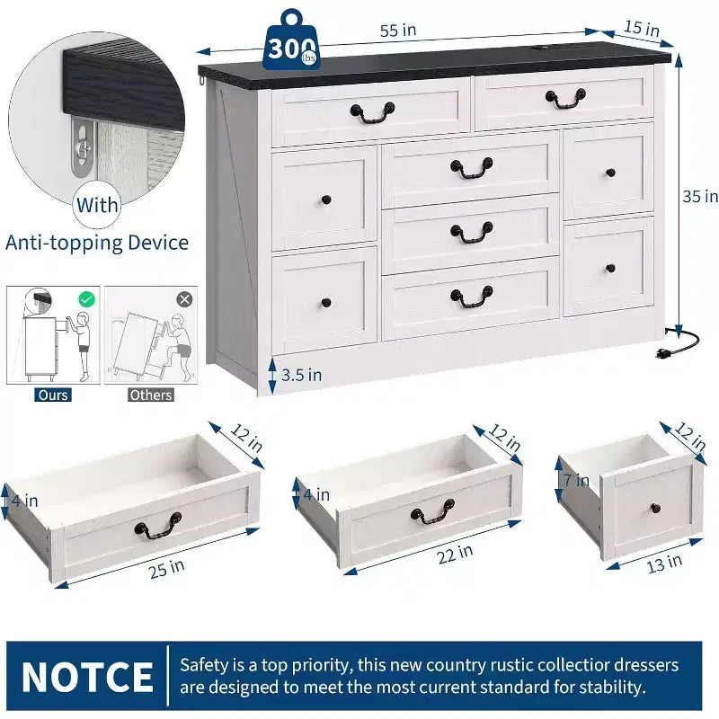 Commode de ferme 9 tiroirs avec station de recharge et poignée en métal, meuble TV en bois avec commodes