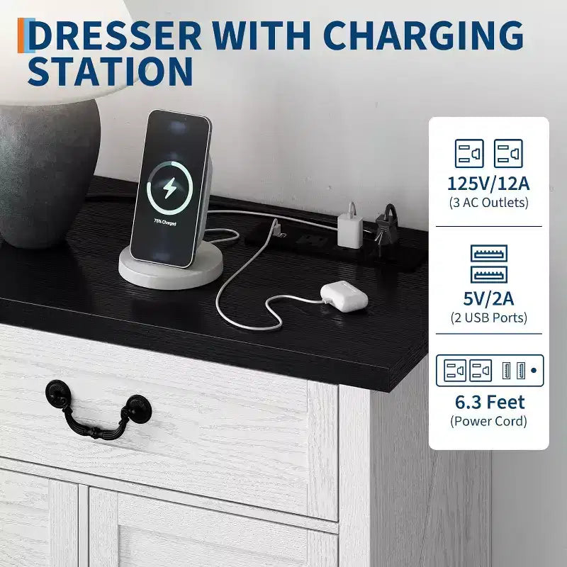 Commode de ferme 9 tiroirs avec station de recharge et poignée en métal, meuble TV en bois avec commodes