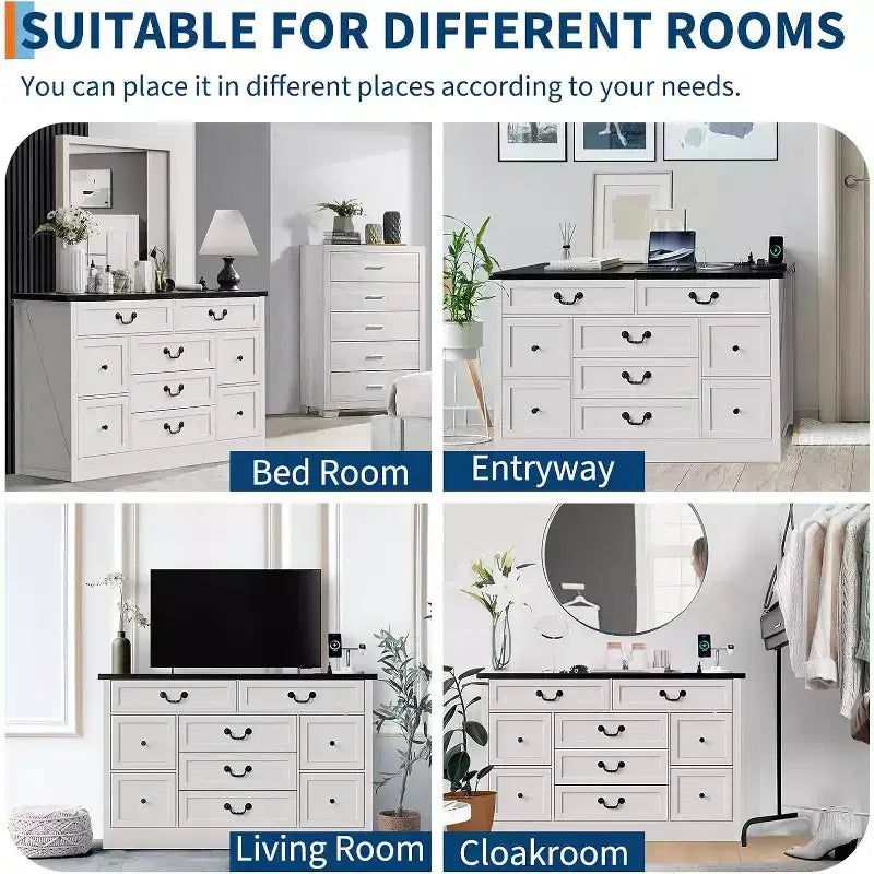 Commode de ferme 9 tiroirs avec station de recharge et poignée en métal, meuble TV en bois avec commodes
