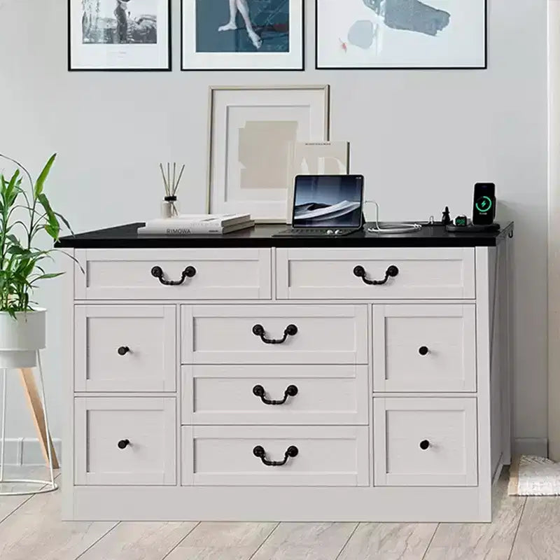 Commode de ferme 9 tiroirs avec station de recharge et poignée en métal, meuble TV en bois avec commodes