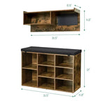 31,5 Po Hall Tree avec banc à chaussures, organisateur d'entrée à 8 cubes et patère murale, marron rustique, pour couloir, vestiaire, entrée