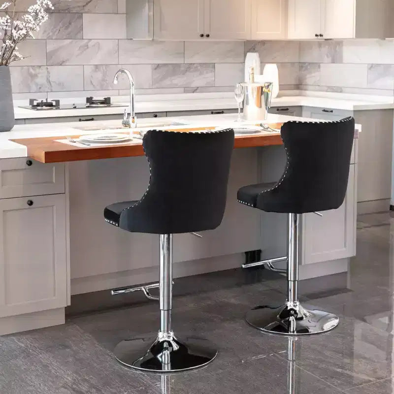 Tabourets de bar pivotants en velours hauteur comptoir, lot de 2, tabourets de bar pivotants à 360° avec dossier capitonné et cadre argenté mat