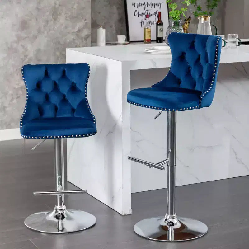 Tabourets de bar pivotants en velours hauteur comptoir, lot de 2, tabourets de bar pivotants à 360° avec dossier capitonné et cadre argenté mat