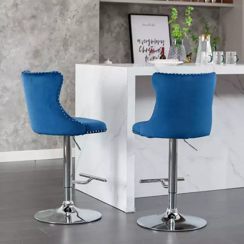 Tabourets de bar pivotants en velours hauteur comptoir, lot de 2, tabourets de bar pivotants à 360° avec dossier capitonné et cadre argenté mat